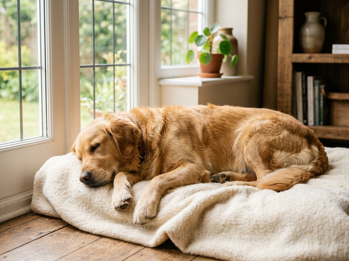 A beloved dog resting peacefully at home
